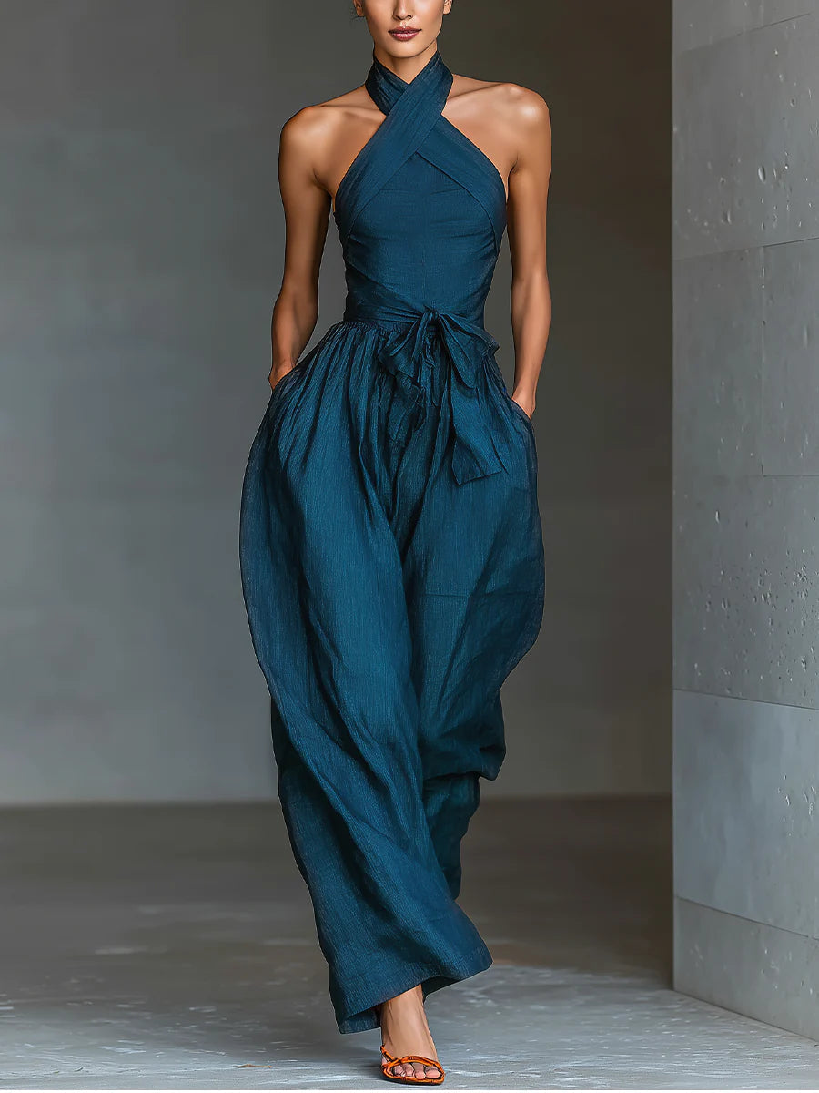 SHIRLEY | Cross-neck halter jumpsuit with pockets