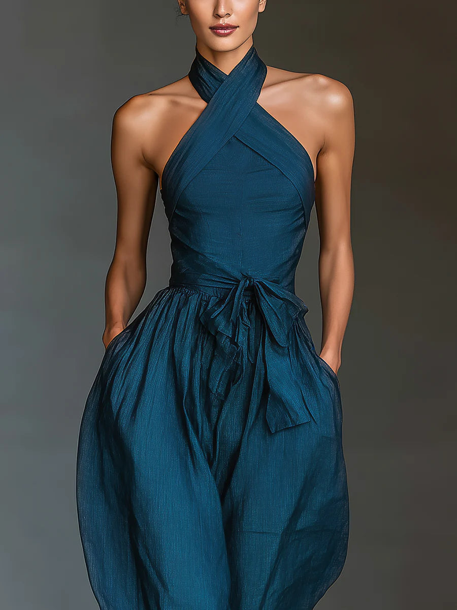 SHIRLEY | Cross-neck halter jumpsuit with pockets