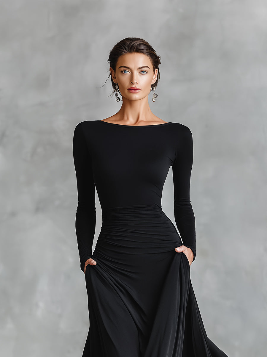 HELEN | Ruched maxi dress with a boat neckline