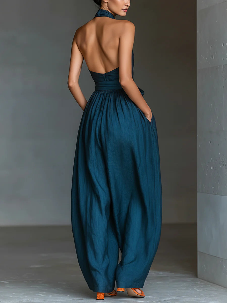 SHIRLEY | Cross-neck halter jumpsuit with pockets