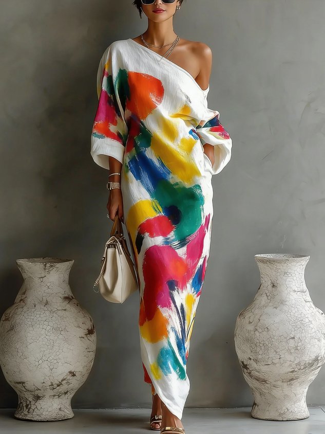 SHIRLEY | One-shoulder maxi dress with an abstract print