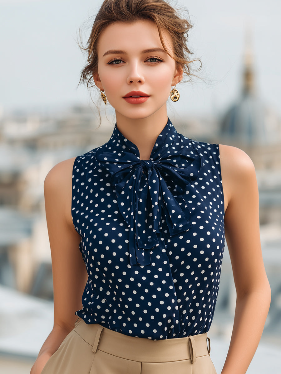 ELLEN | Sleeveless polka dot with a bow neck