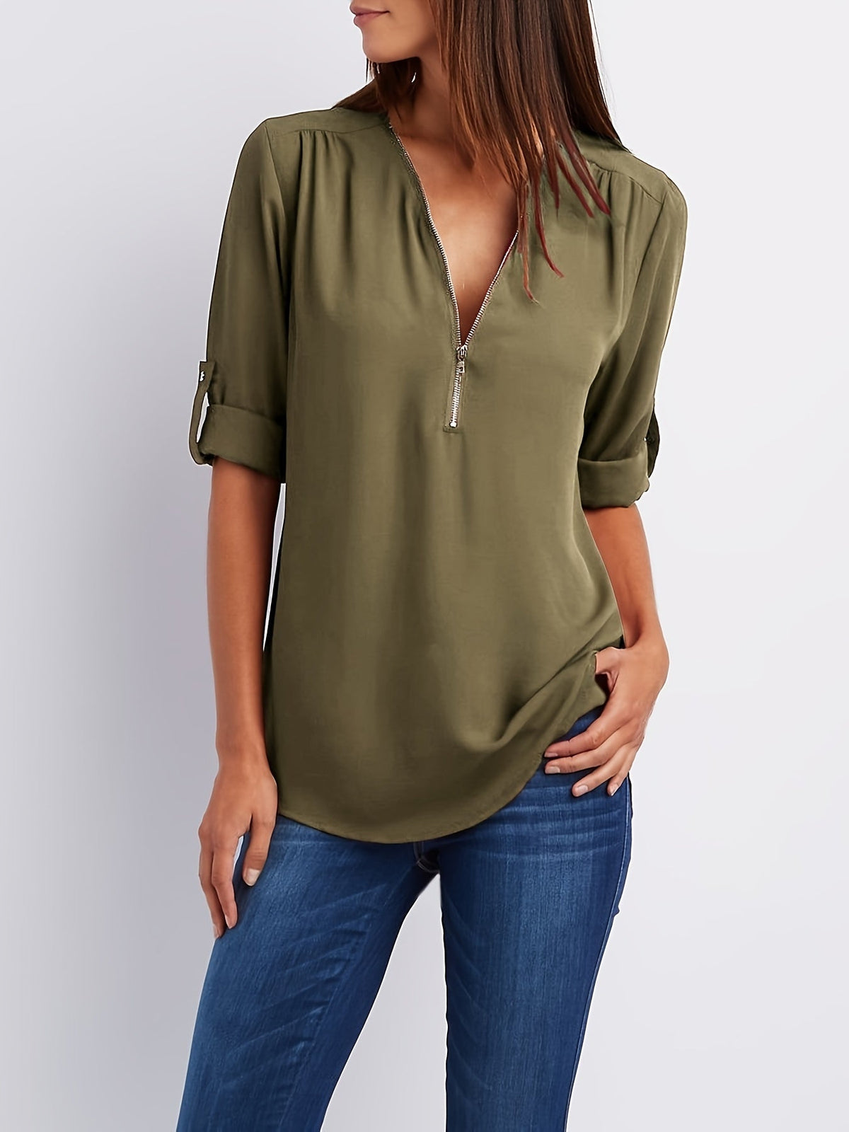 WINIFRED | Zip front V-neck blouse