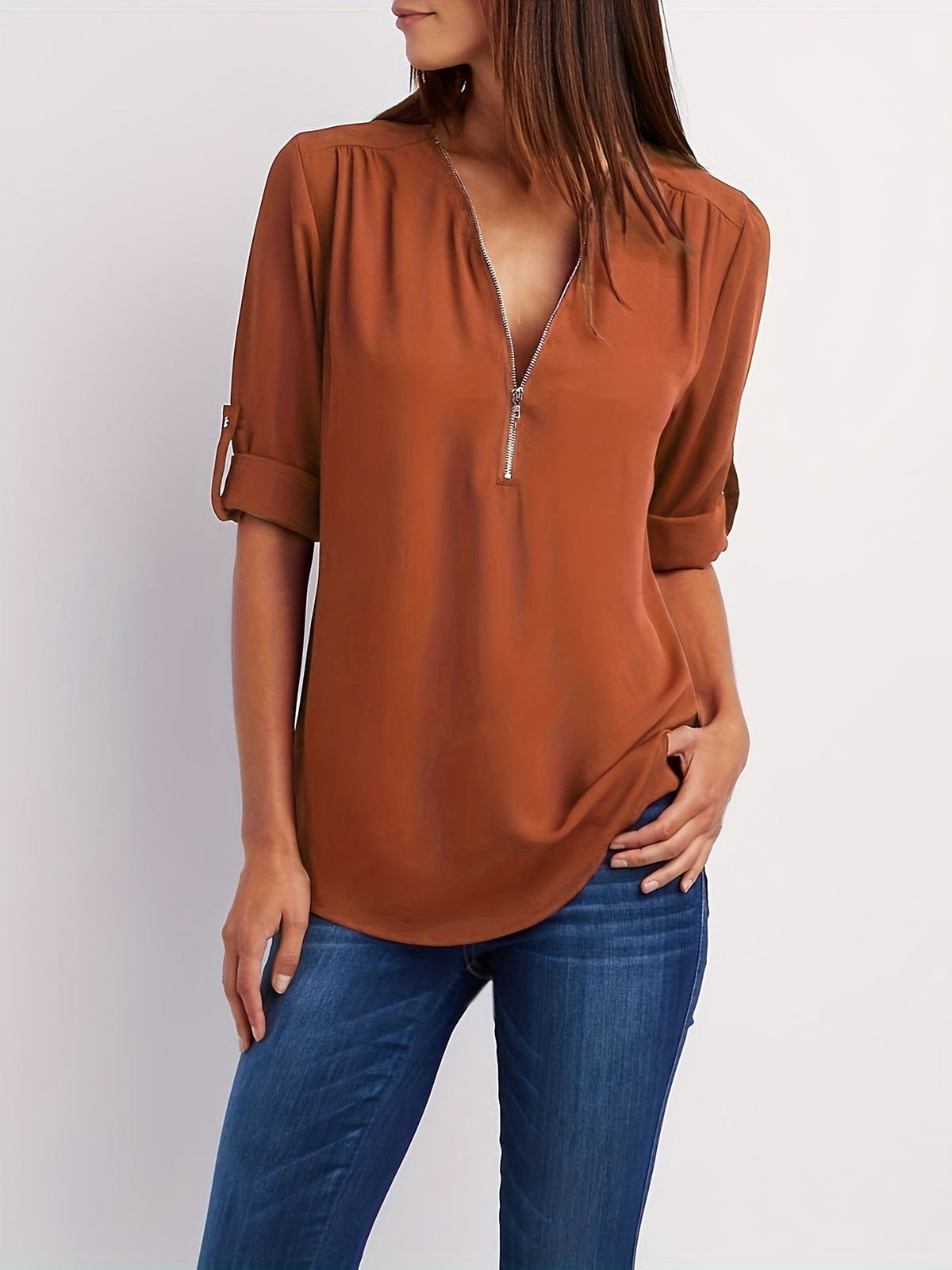 WINIFRED | Zip front V-neck blouse