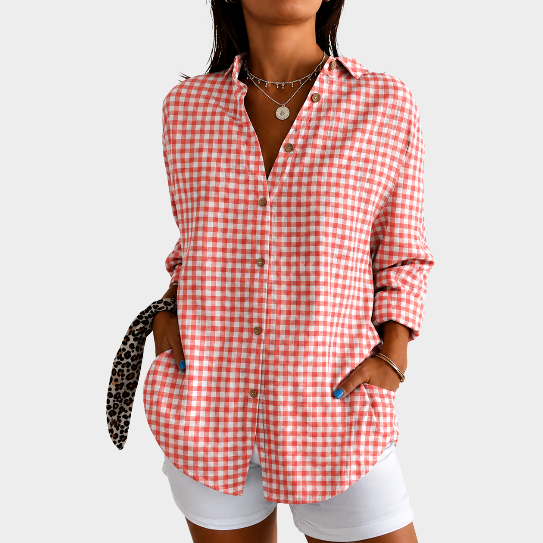 WANDA | Coral and white check blouse