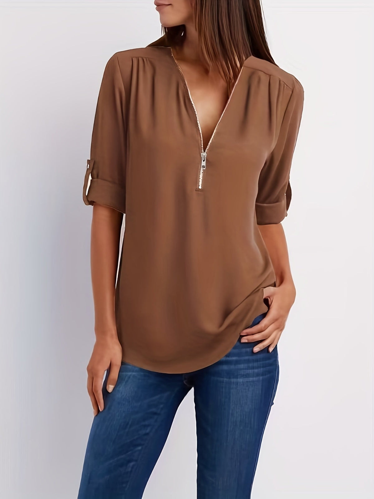 WINIFRED | Zip front V-neck blouse