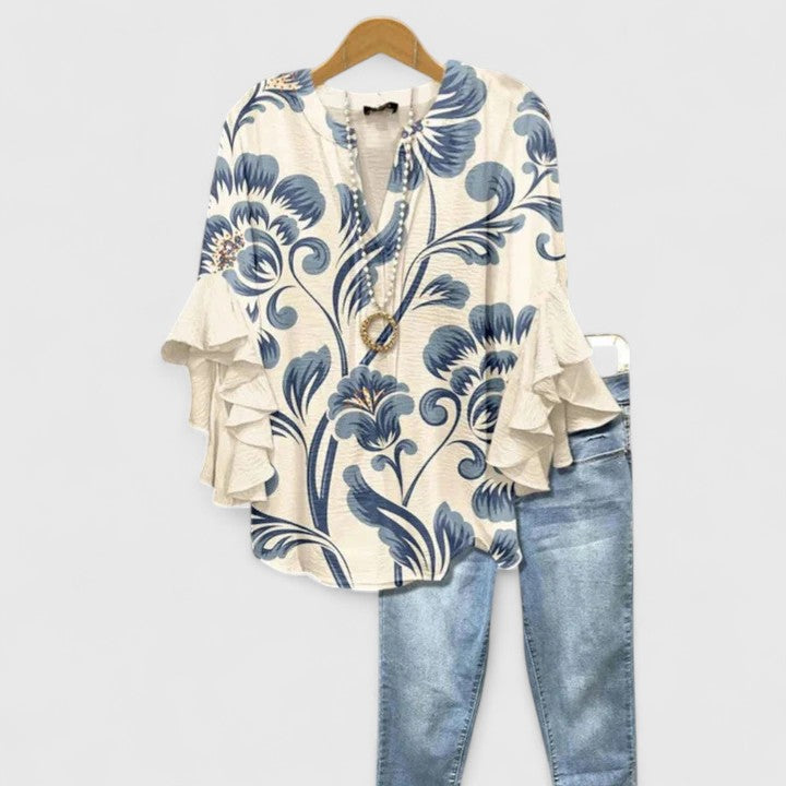 BRENDA | Floral blouse with layered ruffle sleeves