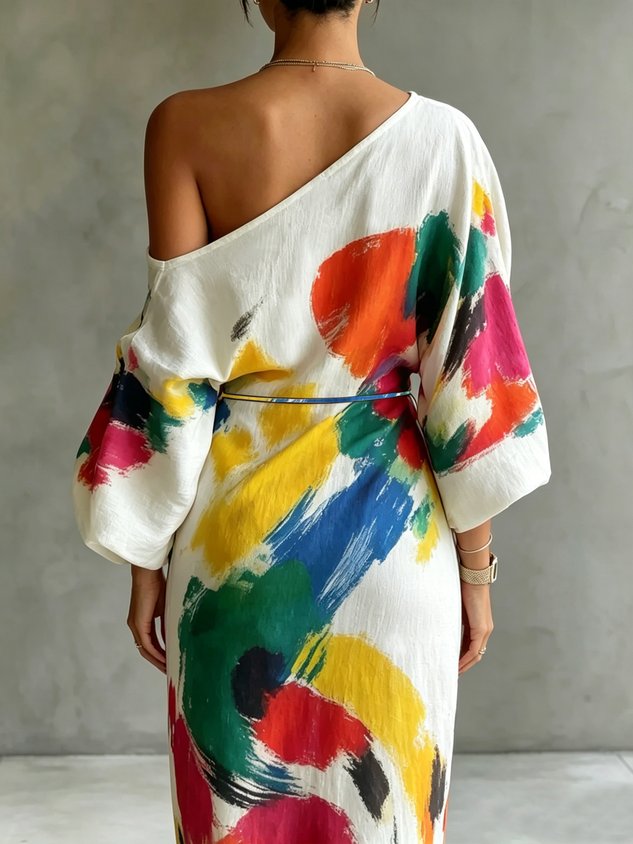 SHIRLEY | One-shoulder maxi dress with an abstract print