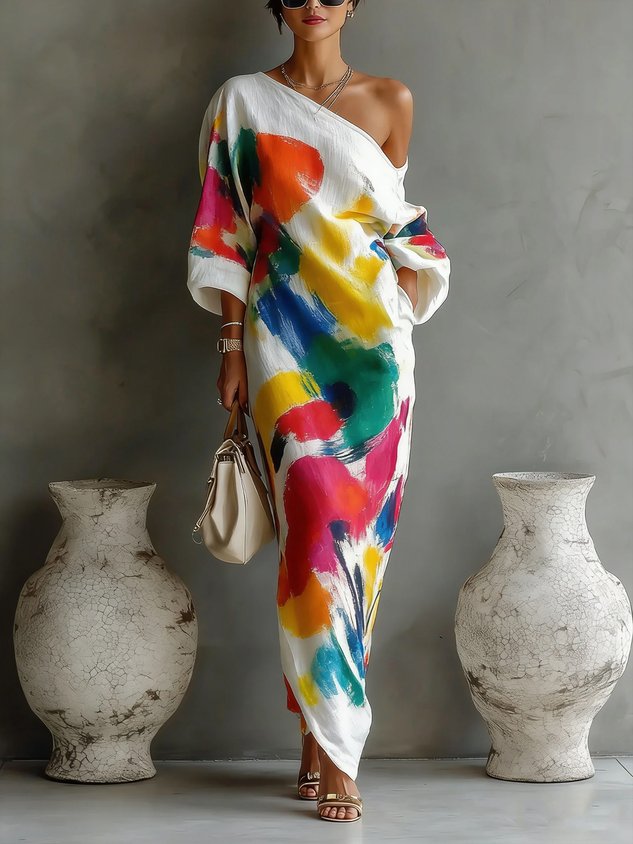 SHIRLEY | One-shoulder maxi dress with an abstract print