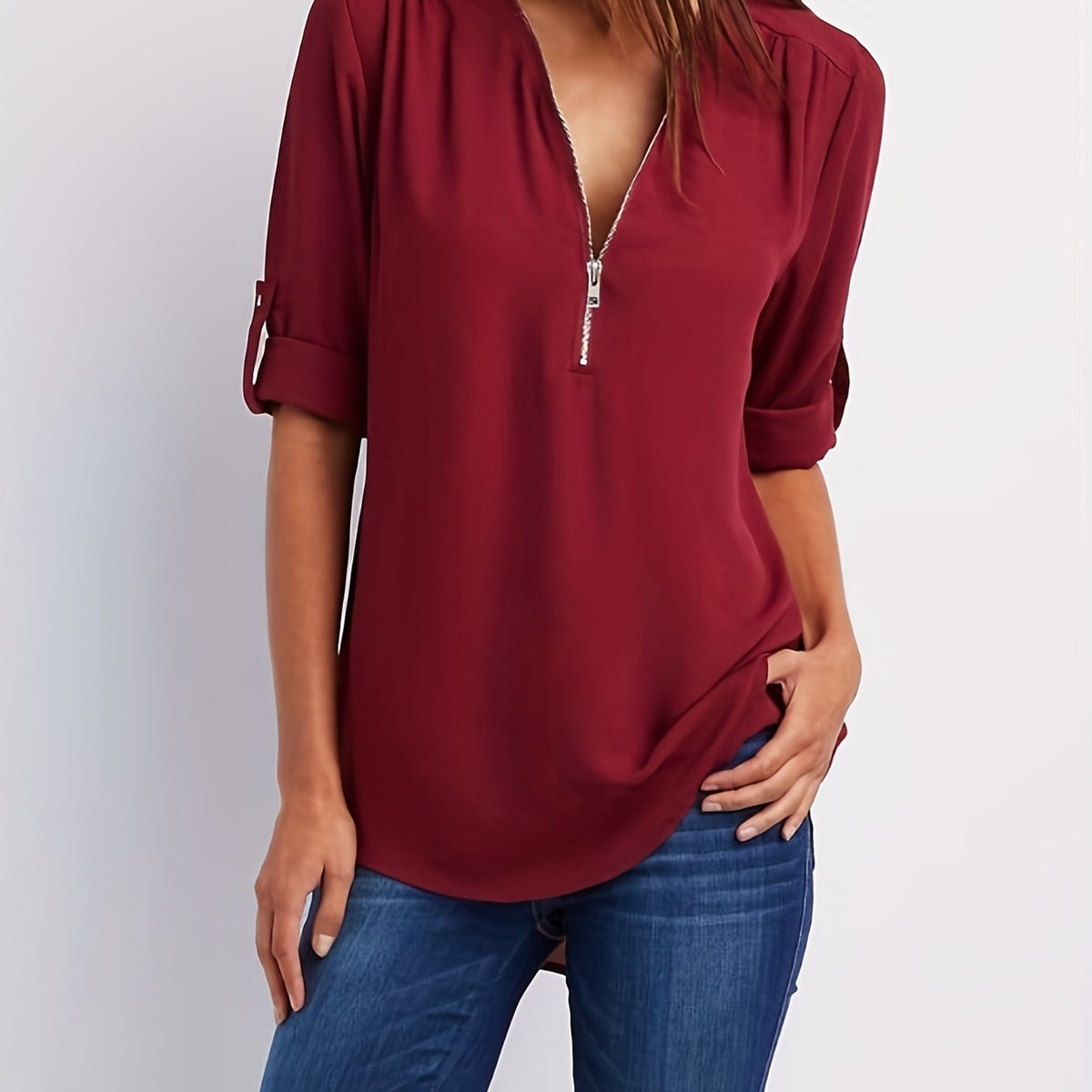 WINIFRED | Zip front V-neck blouse