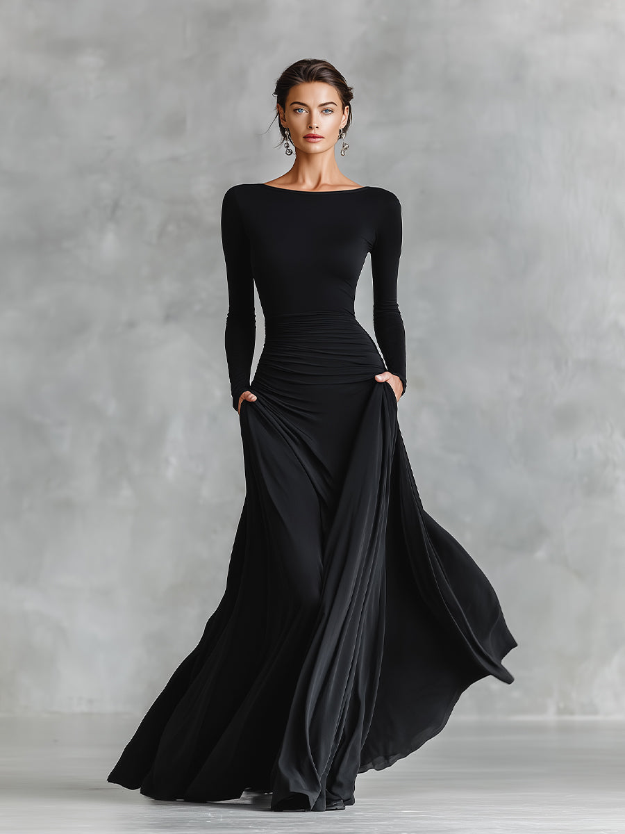 HELEN | Ruched maxi dress with a boat neckline