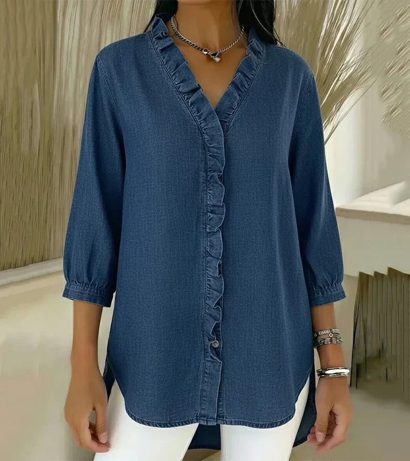 MABEL | Soft denim blouse with a ruffled V-neck