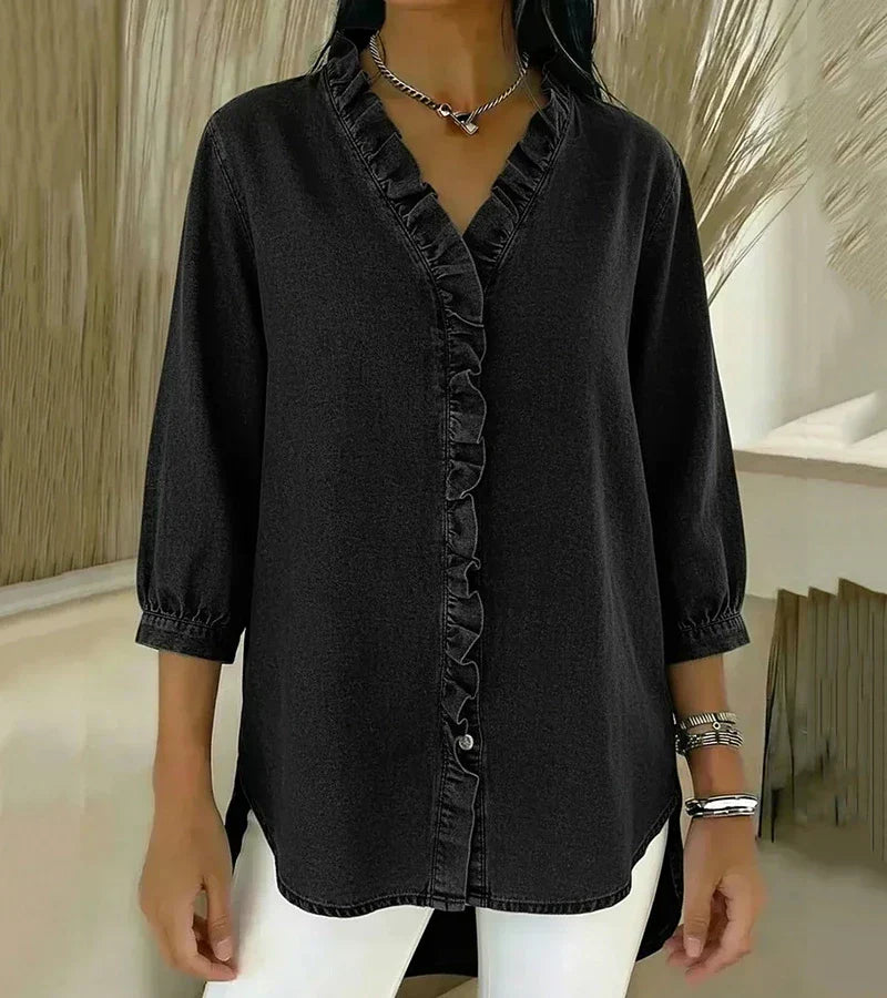 MABEL | Soft denim blouse with a ruffled V-neck