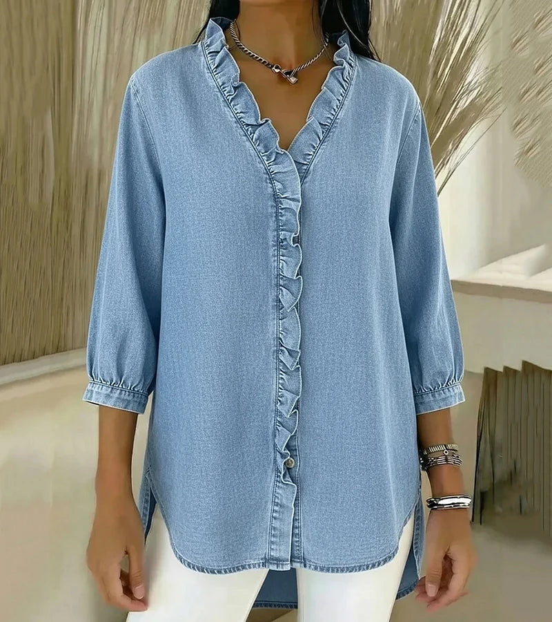 MABEL | Soft denim blouse with a ruffled V-neck
