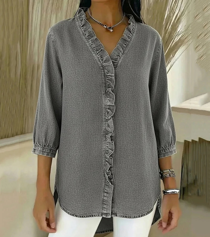 MABEL | Soft denim blouse with a ruffled V-neck