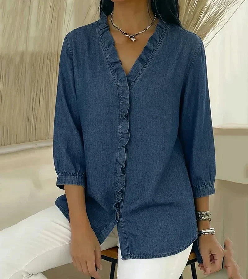 MABEL | Soft denim blouse with a ruffled V-neck