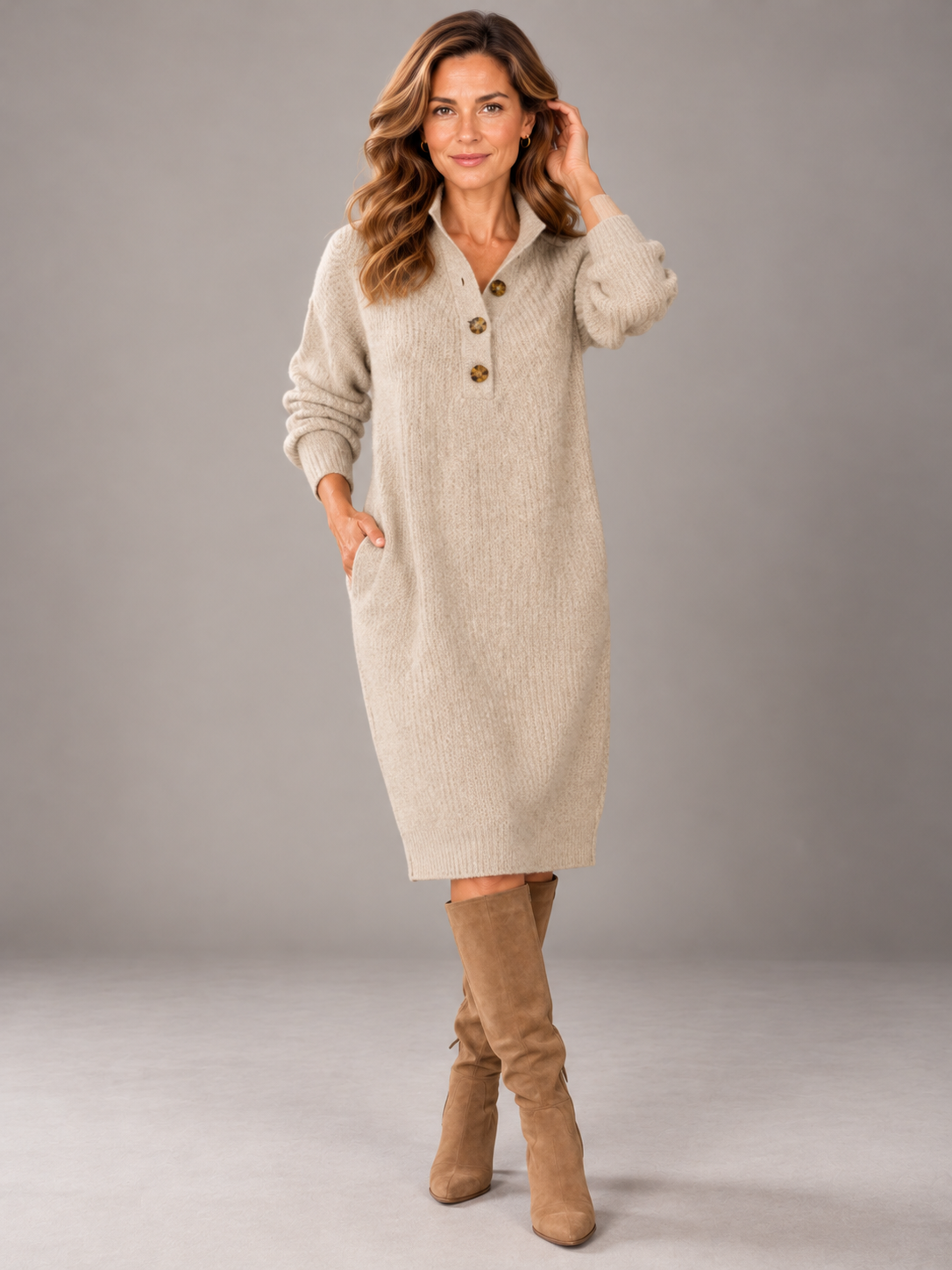 MARJORIE | Ribbed knit midi dress with a button collar