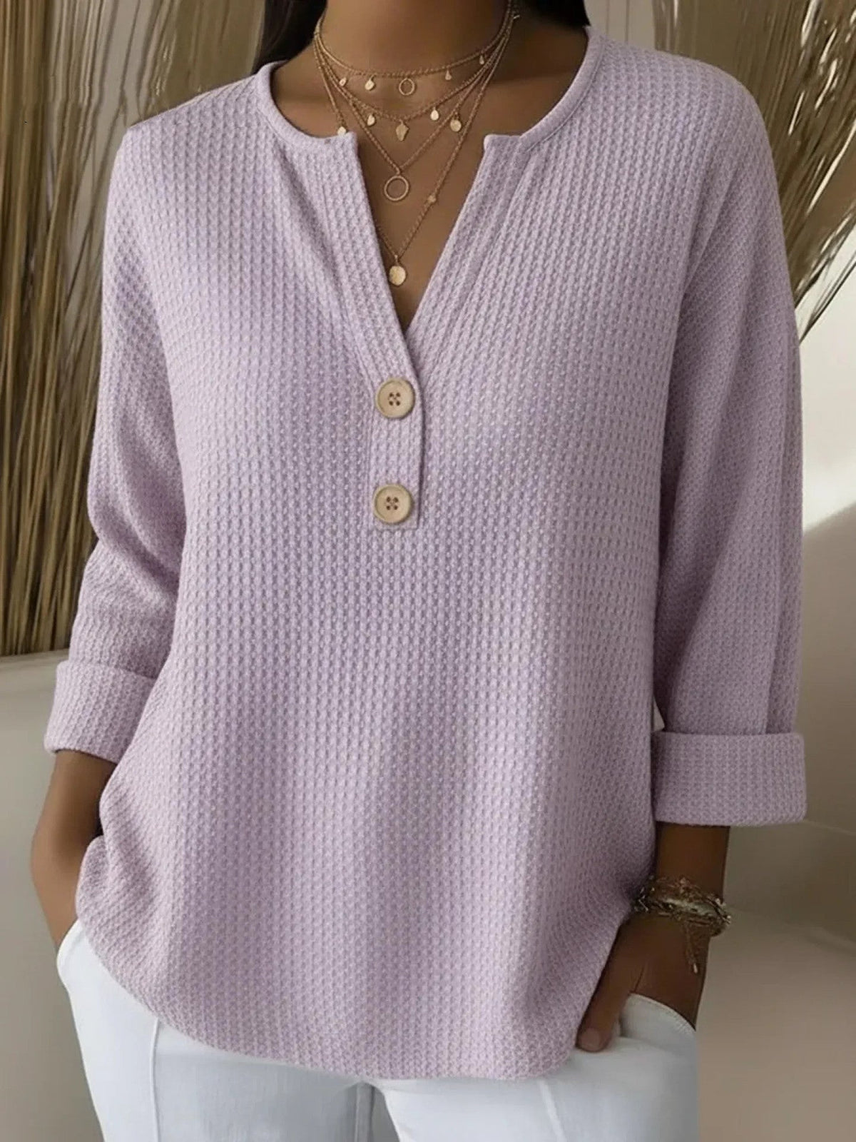 DEBORAH | Waffle henley with three quarter sleeves