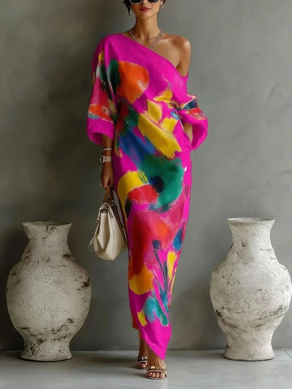 SHIRLEY | One-shoulder maxi dress with an abstract print