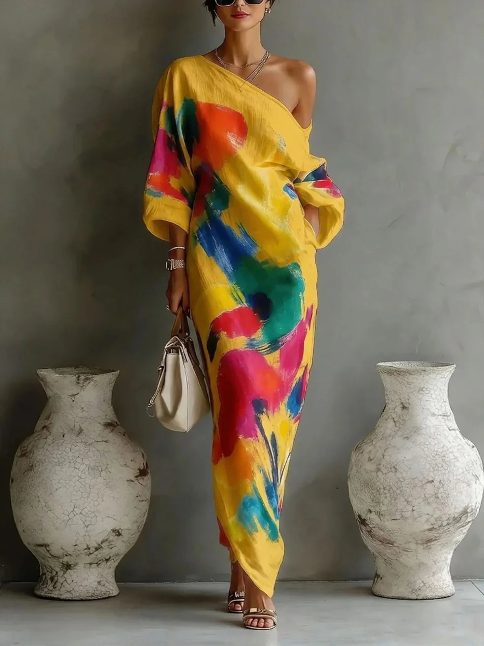 SHIRLEY | One-shoulder maxi dress with an abstract print