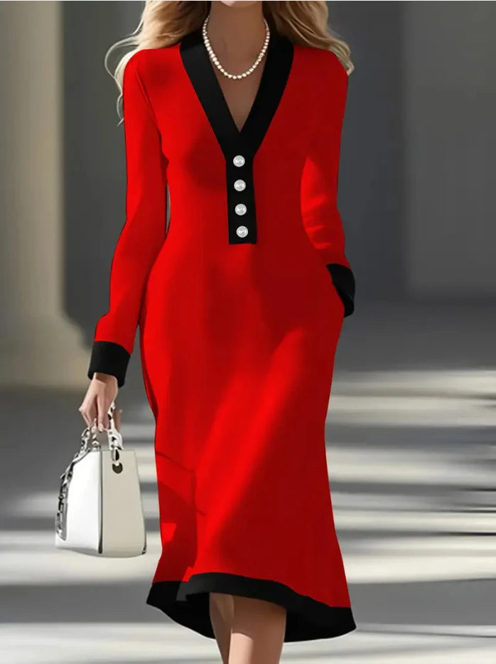 REGINA | V-neck midi dress with long sleeves