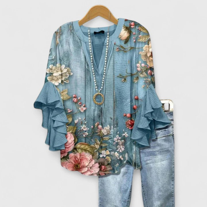 BRENDA | Floral blouse with layered ruffle sleeves