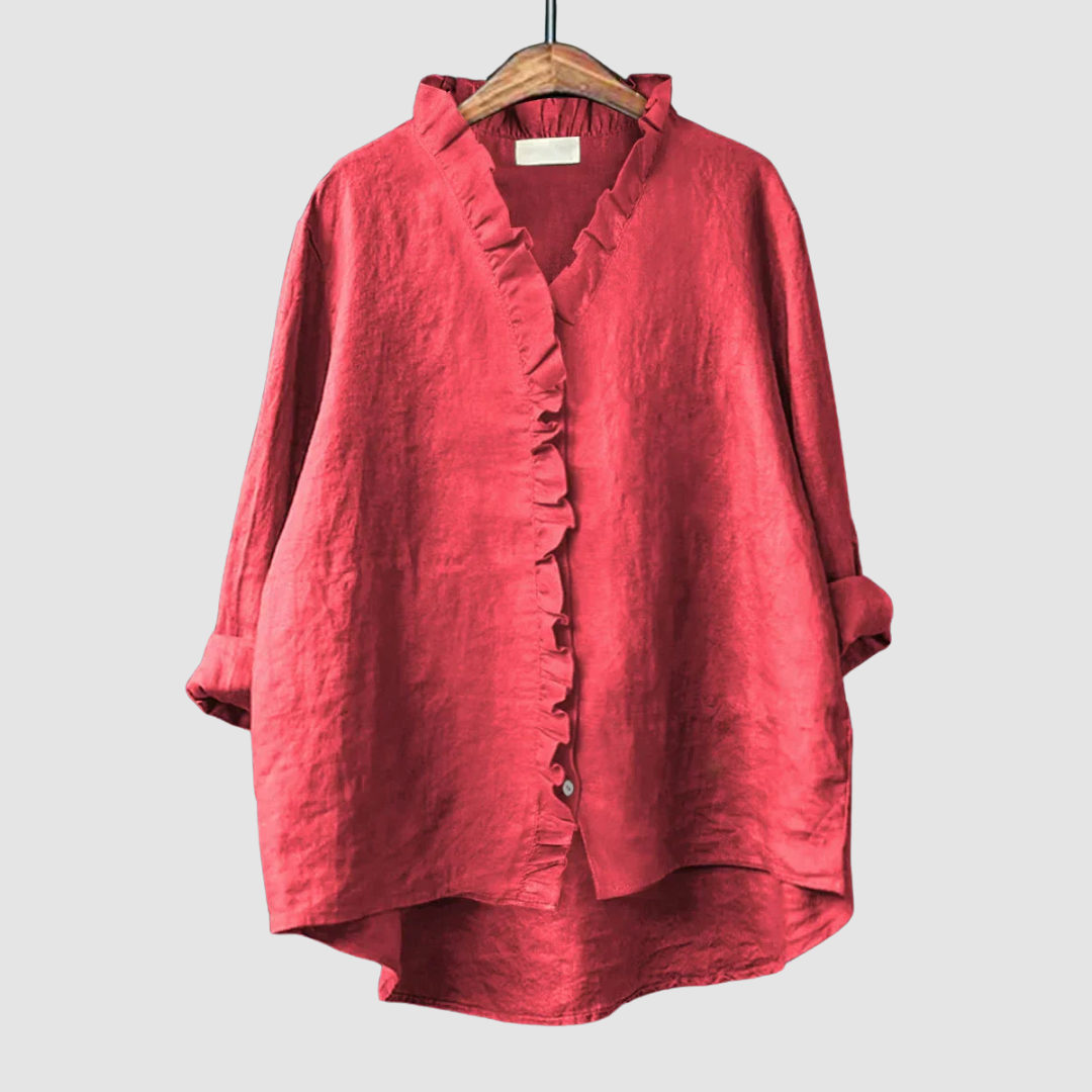 EUGENIA | Ruffle trim blouse with a high low hem