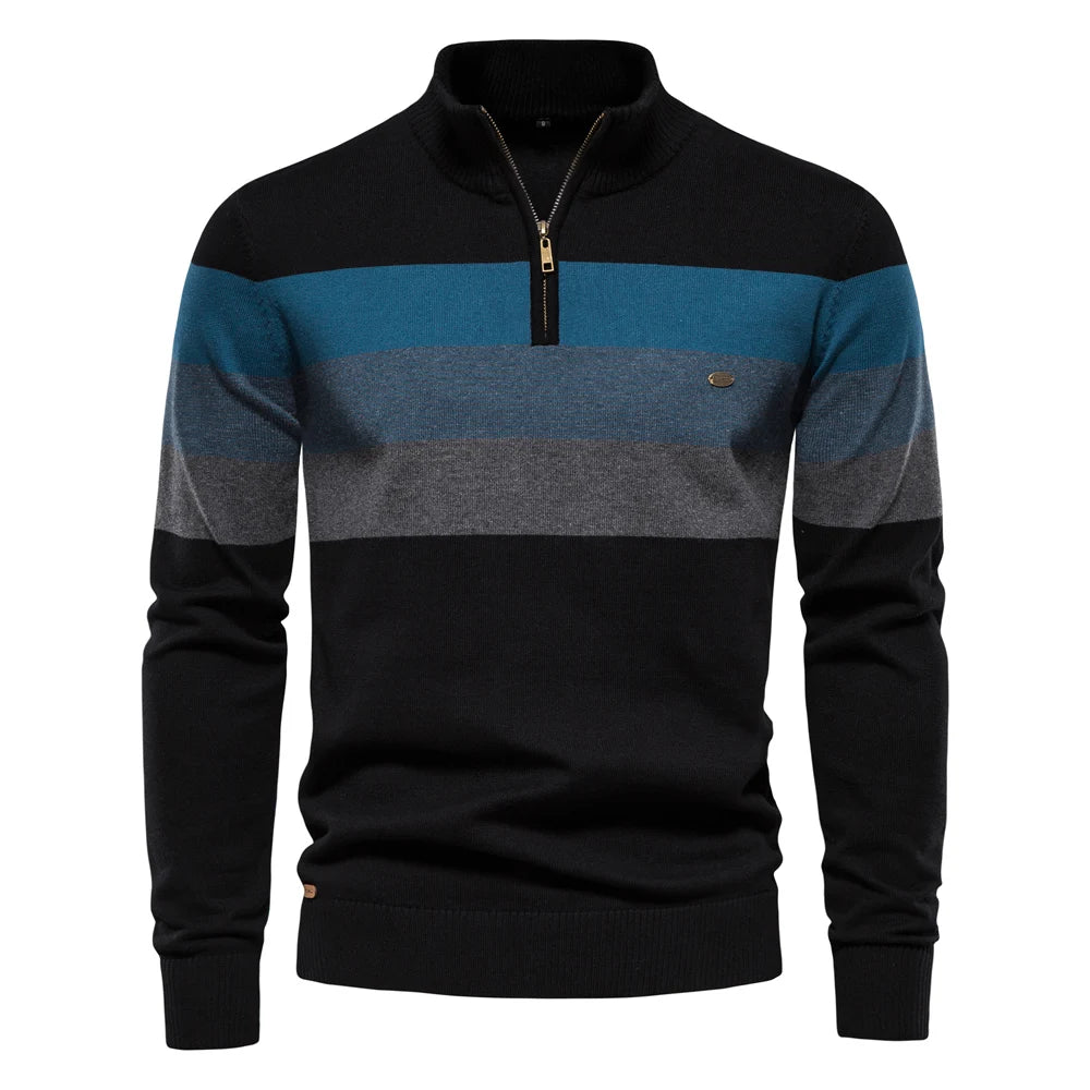 SHELDON | Zip mock neck sweater with a striped chest