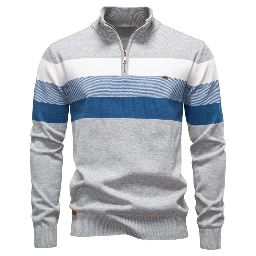 SHELDON | Zip mock neck sweater with a striped chest
