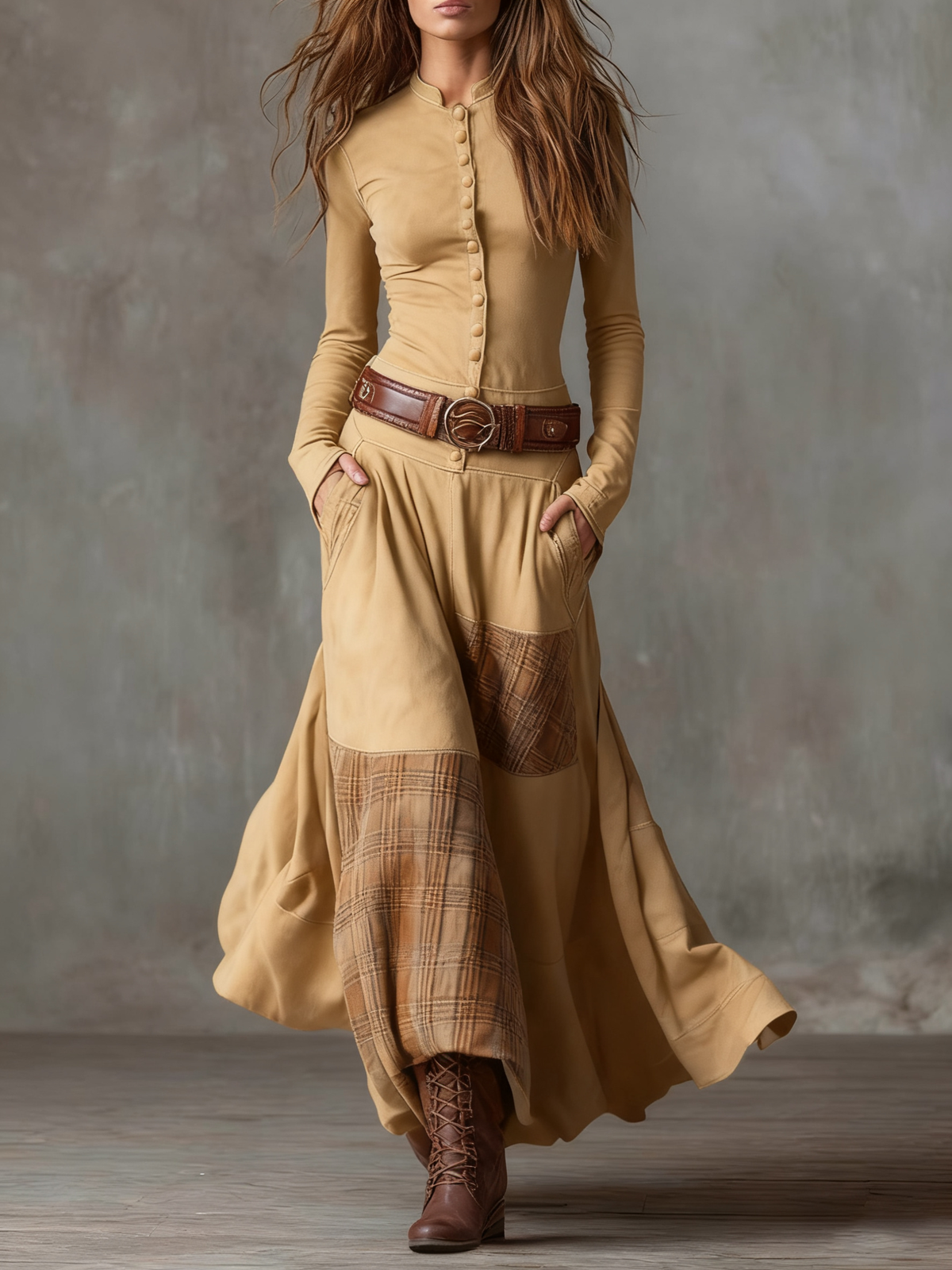 MARILYN | Maxi dress with plaid panels
