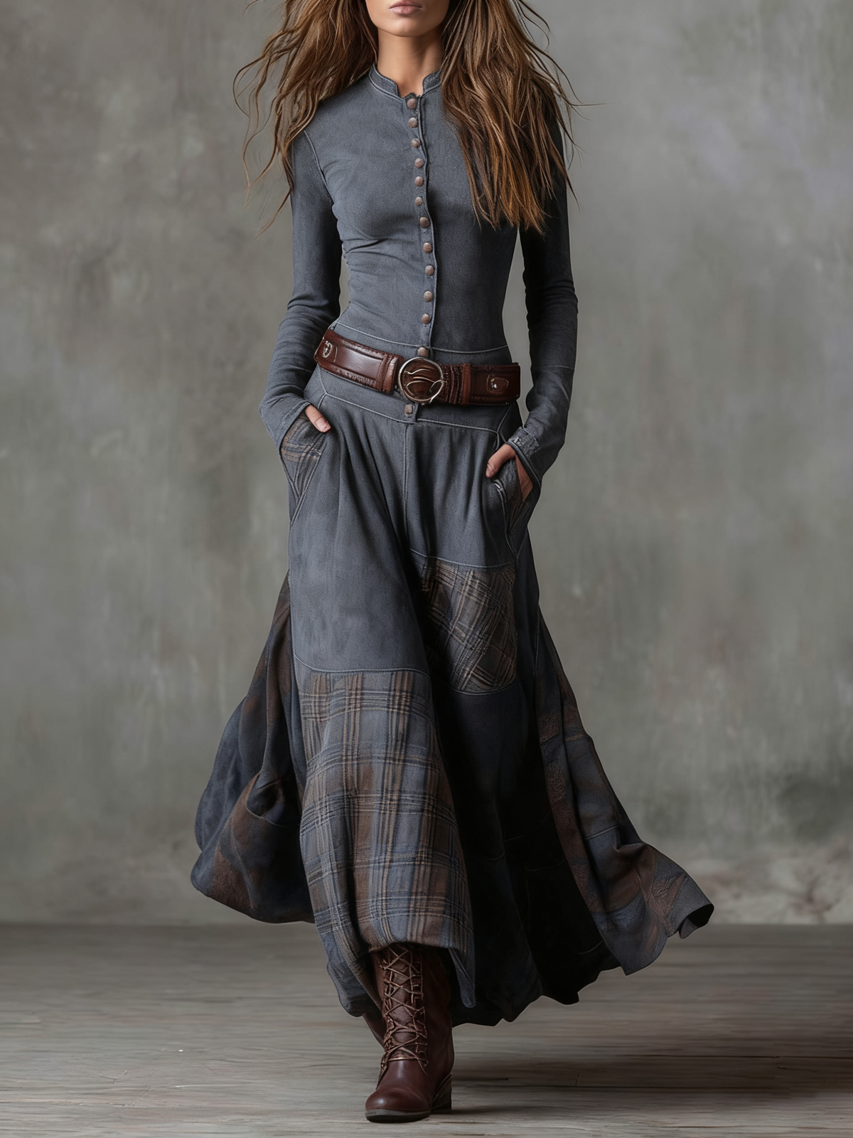 MARILYN | Maxi dress with plaid panels