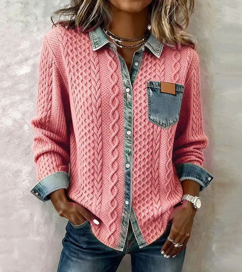 LORETTA | Cable knit with denim trim