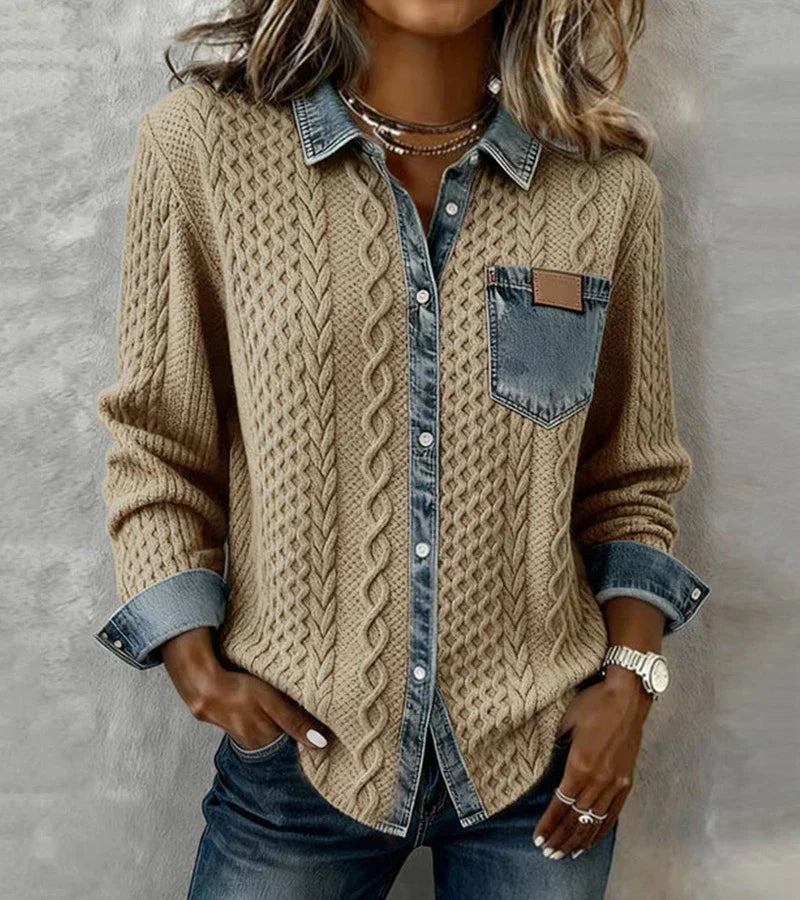 LORETTA | Cable knit with denim trim