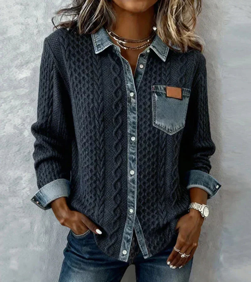 LORETTA | Cable knit with denim trim
