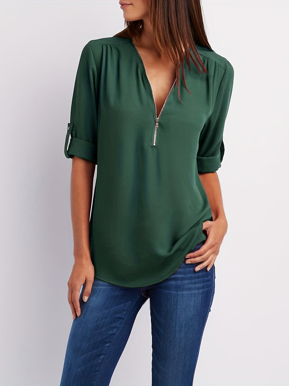 WINIFRED | Zip front V-neck blouse