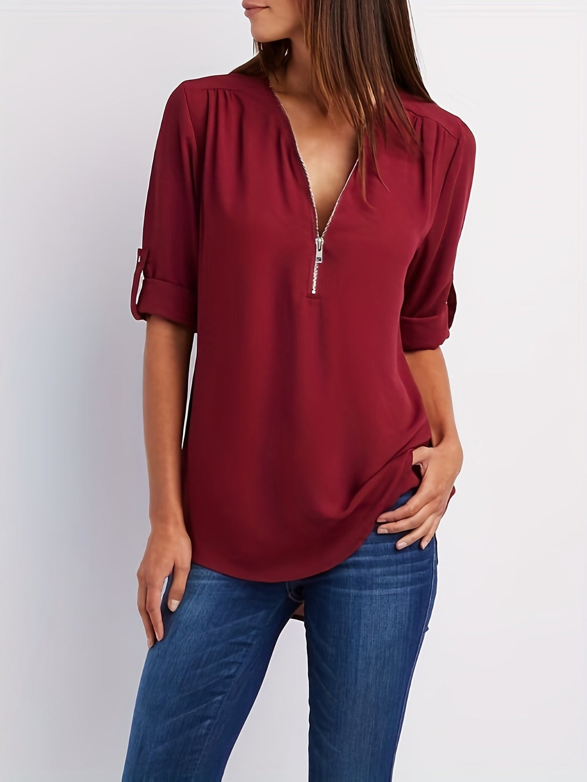 WINIFRED | Zip front V-neck blouse