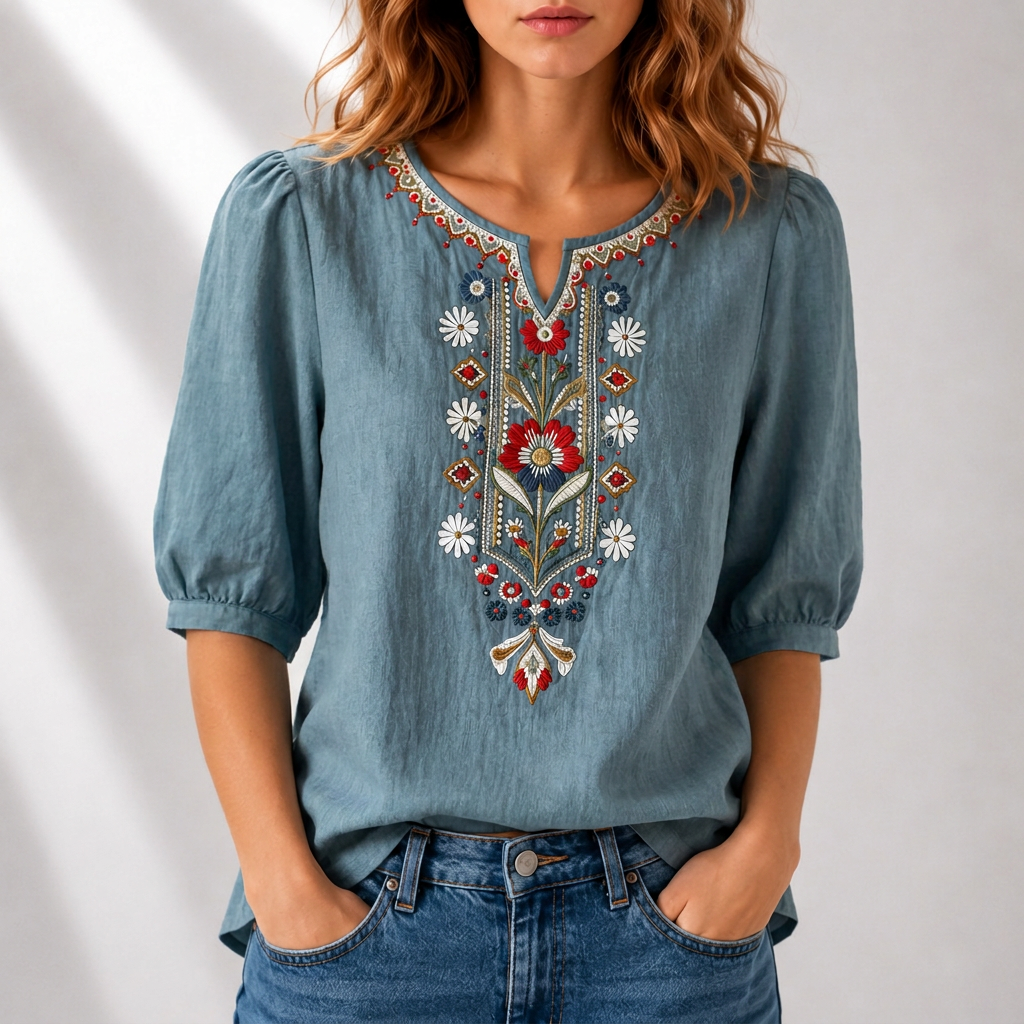 ROSALIE | Embroidered notched neckline blouse