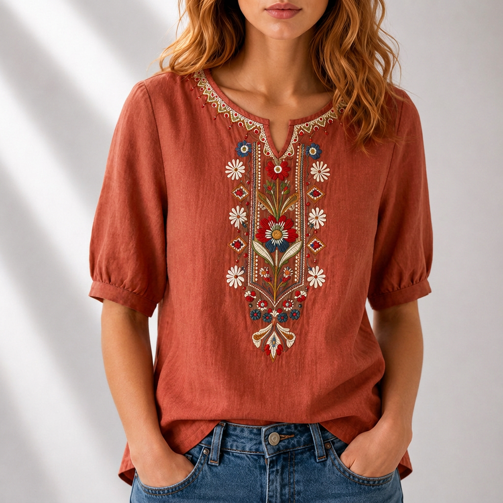 ROSALIE | Embroidered notched neckline blouse