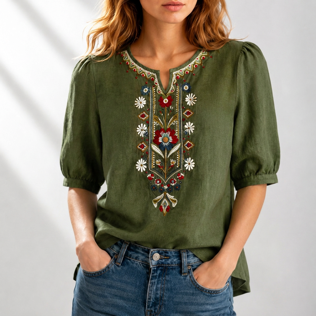 ROSALIE | Embroidered notched neckline blouse