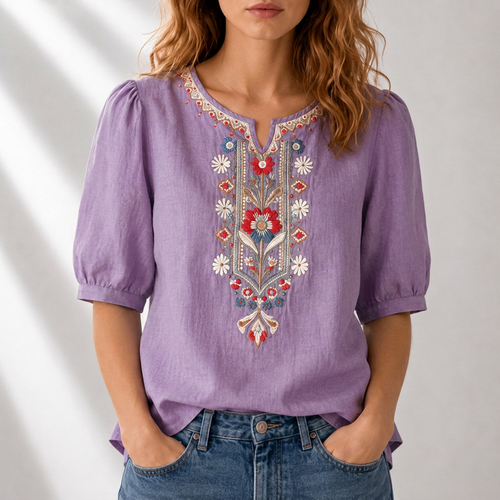 ROSALIE | Embroidered notched neckline blouse