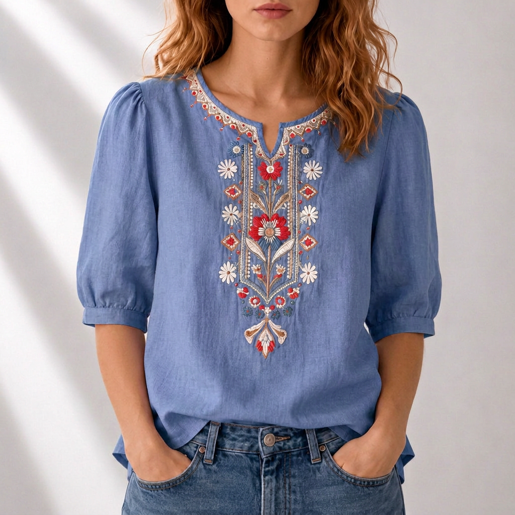 ROSALIE | Embroidered notched neckline blouse