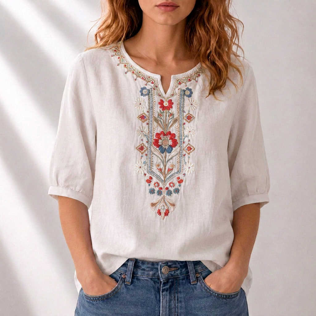 ROSALIE | Embroidered notched neckline blouse
