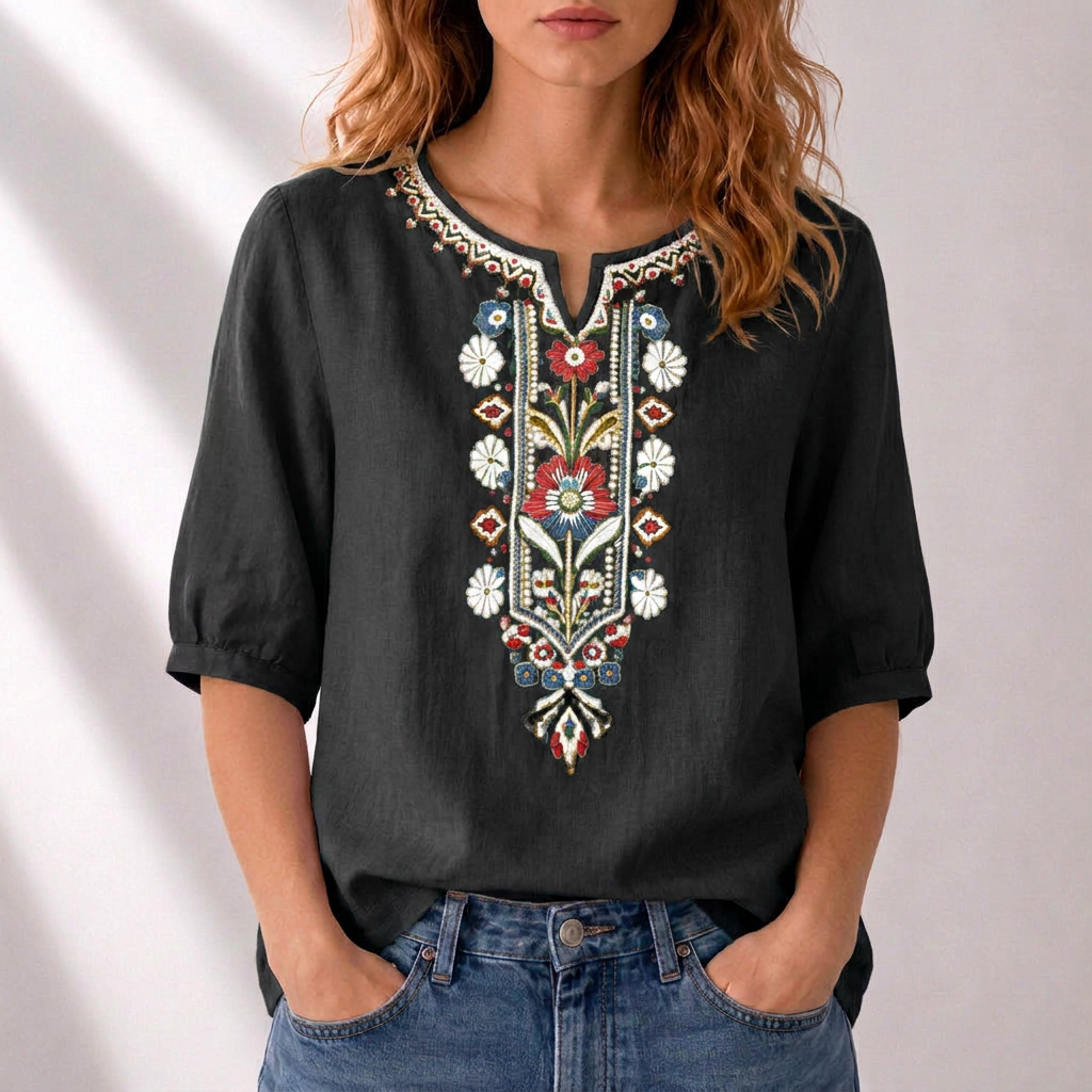 ROSALIE | Embroidered notched neckline blouse