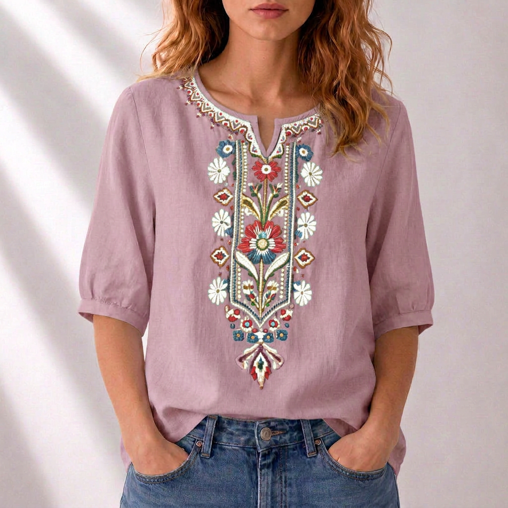 ROSALIE | Embroidered notched neckline blouse