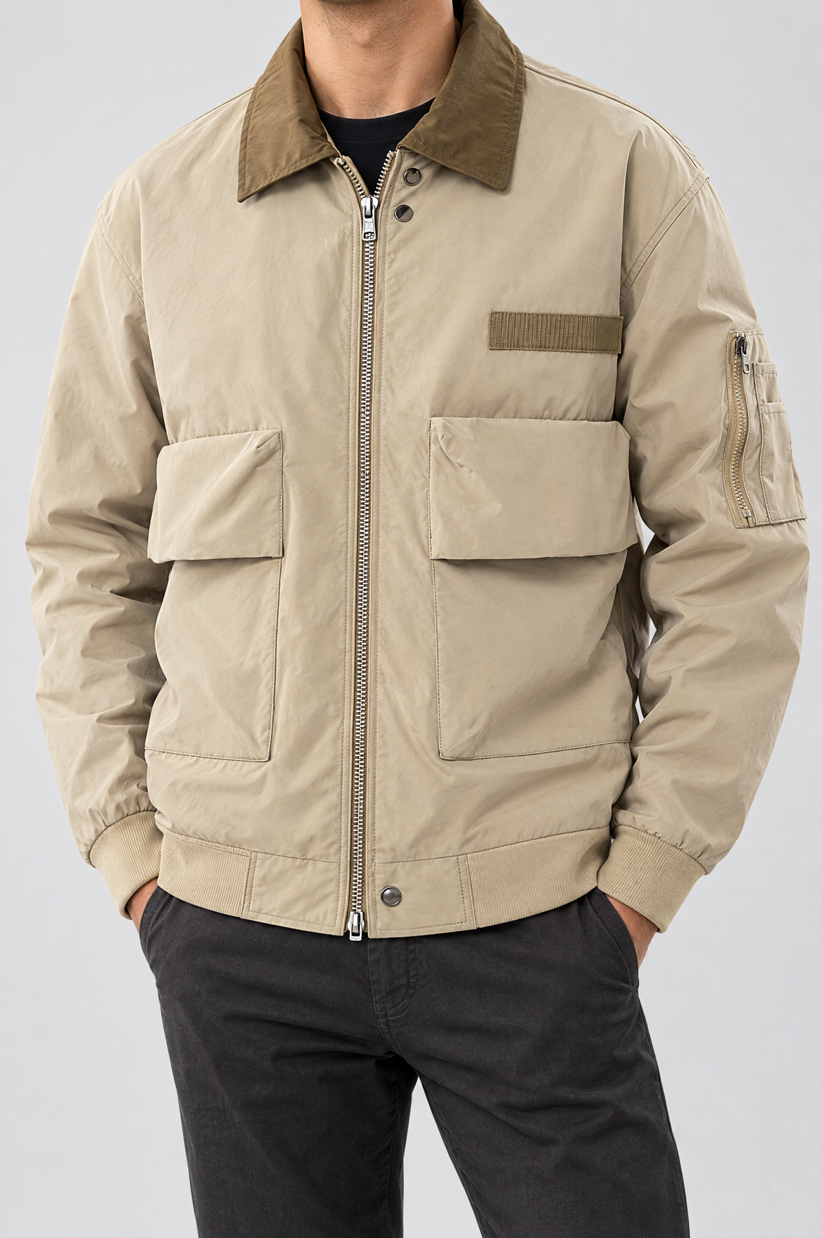 KIERAN pilot jacket in Khaki, worn by model