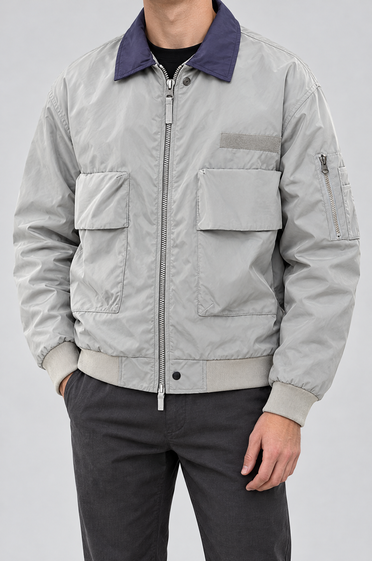 KIERAN pilot jacket in Silver, worn by model