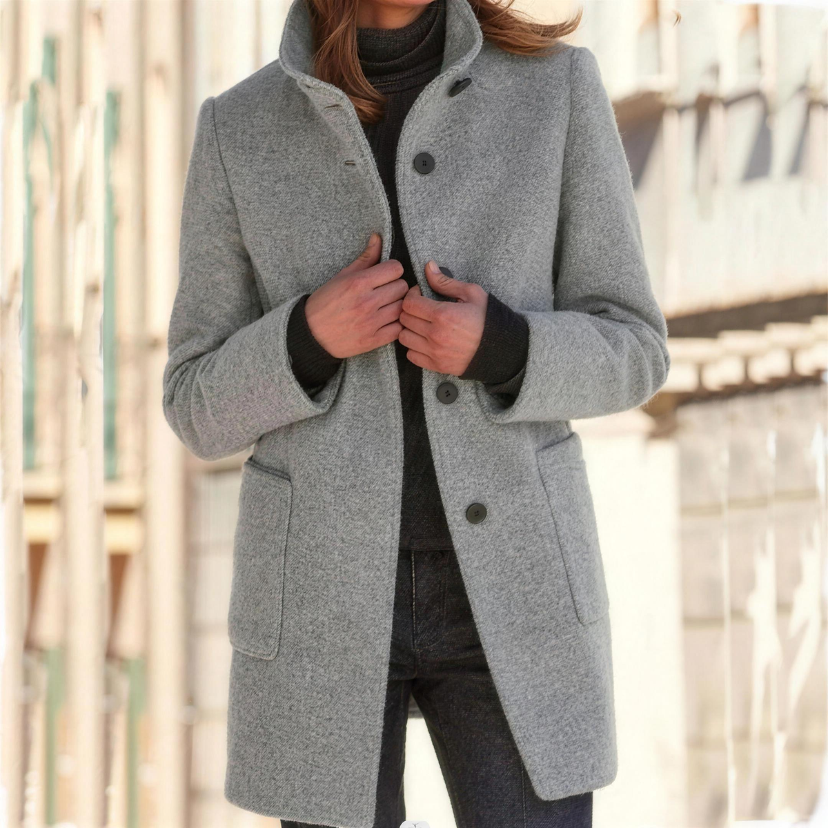 IMELDA Stand collar button front coat in Light Gray