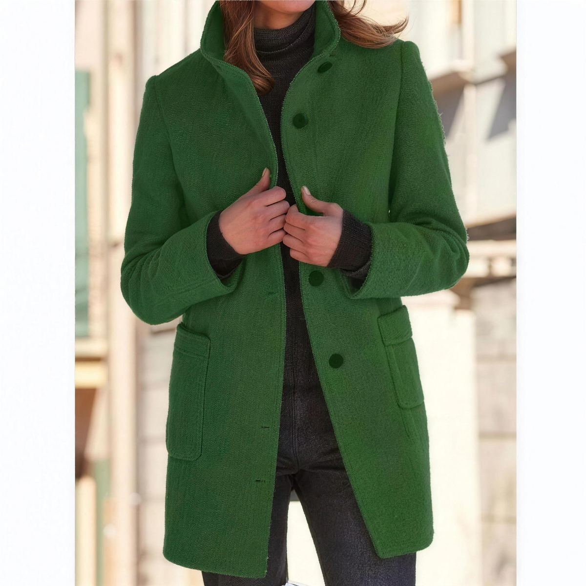 IMELDA Stand collar button front coat in Dark Green
