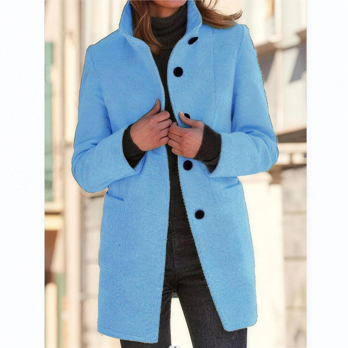 IMELDA Stand collar button front coat in Light Blue