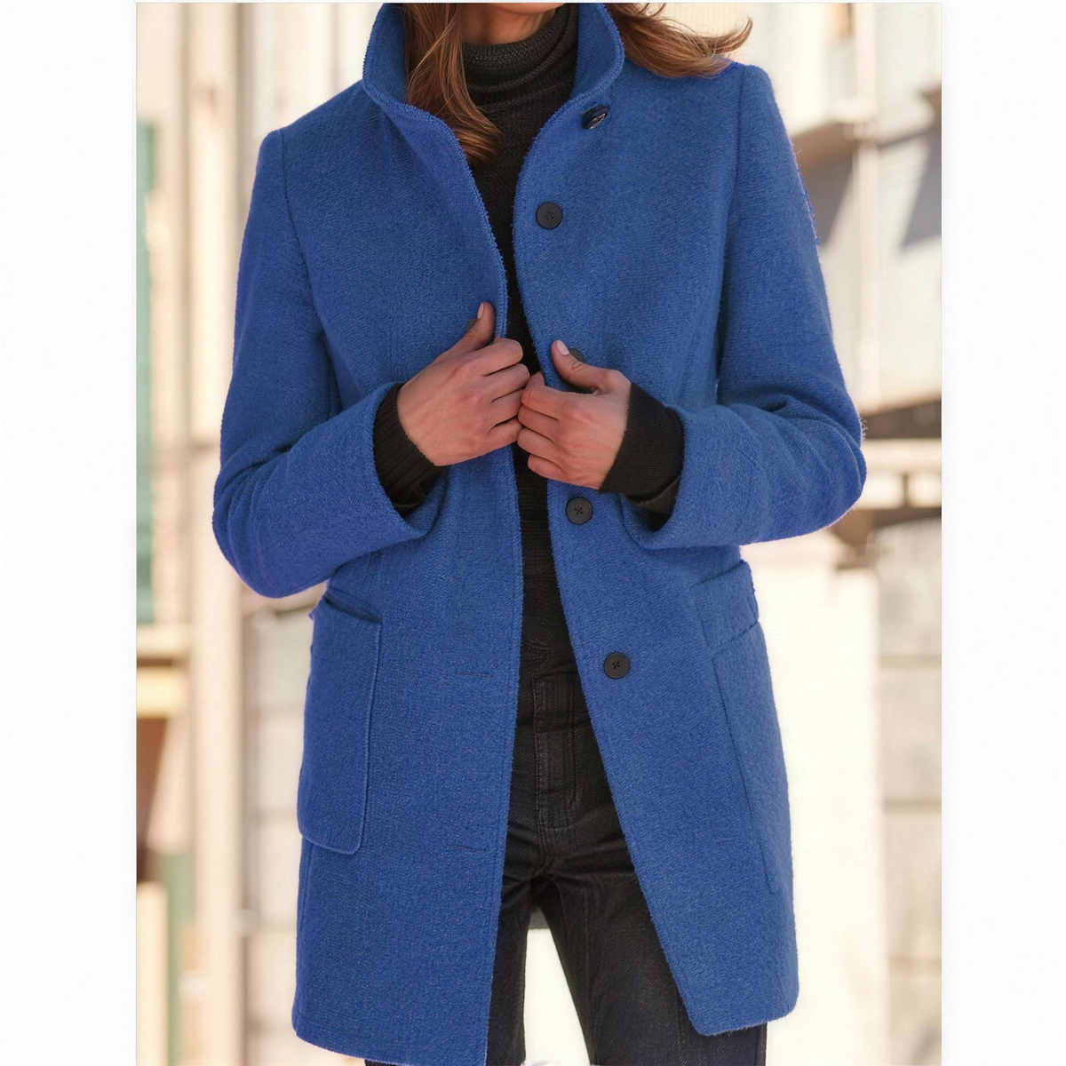IMELDA Stand collar button front coat in Denim Blue